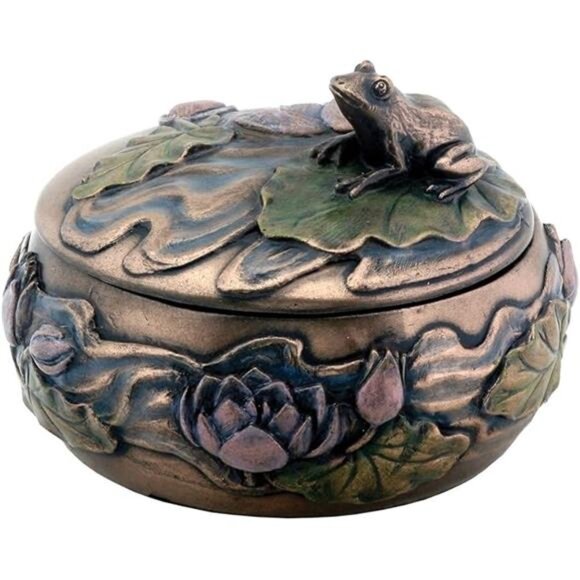 Frog Sitting on Lily Decoration Art Nouveau Design Jewelry Box - Picture 2 of 2